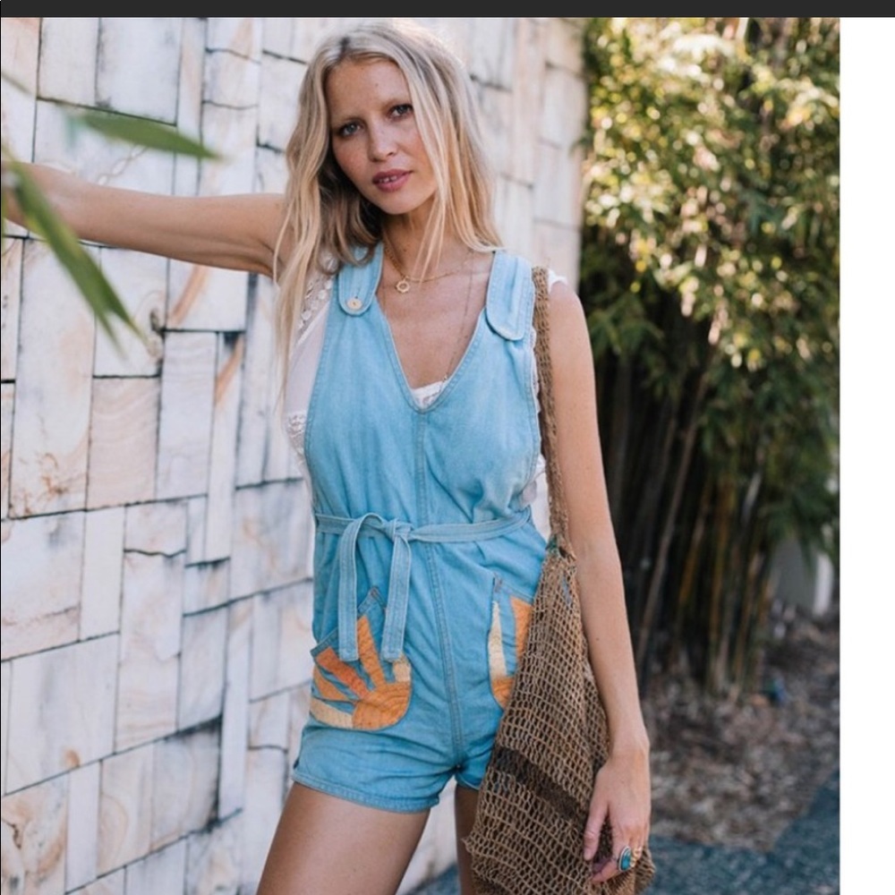 Chasing Unicorns Boho Embroidered Tie-Waist Overalls (S/M)